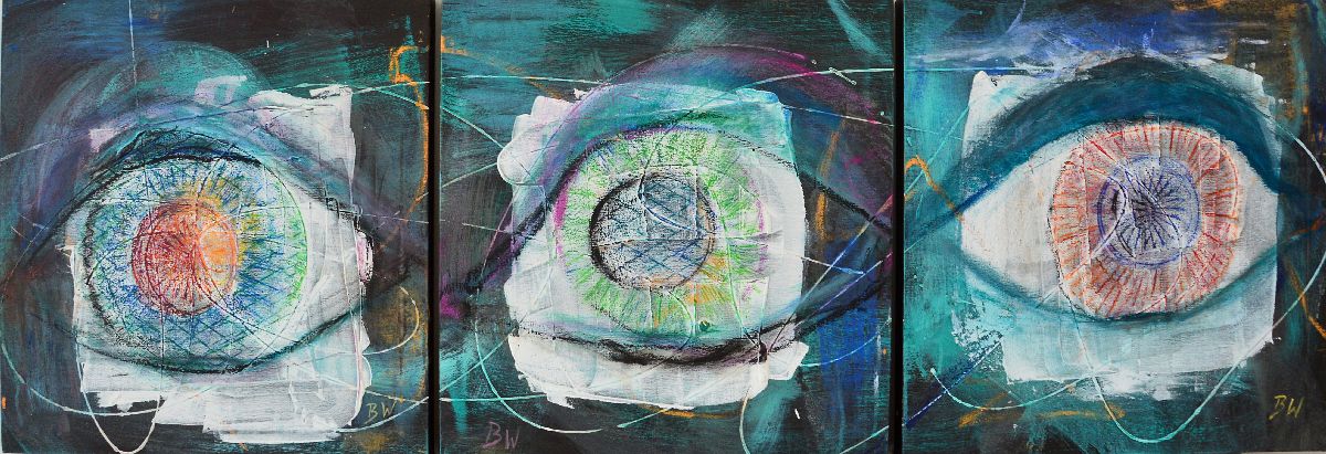 Watching You Triptychon von Brigitte Wolf, Mischtechnik auf Leinwand